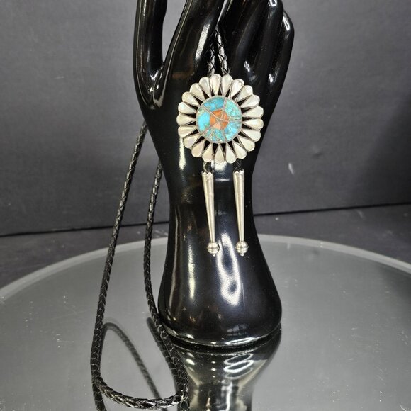 Zuni Sunface Inlay Turquoise Mother of PearlBolo Tie With Sterling Silver Tips - Picture 10 of 10